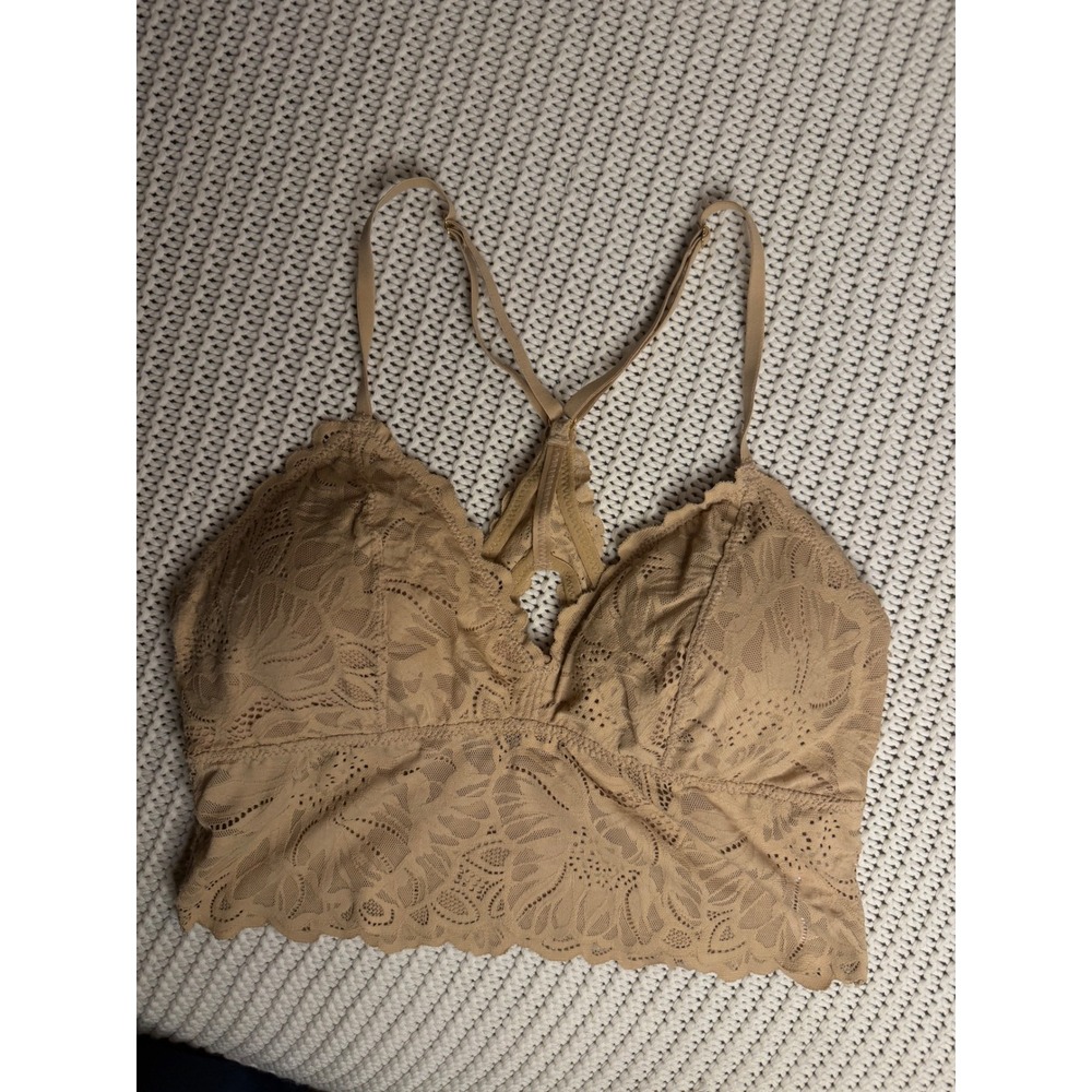 Aerie Tan Nude Eyelash Lace Racerback Bralette Size Medium M Keyhole Cutout